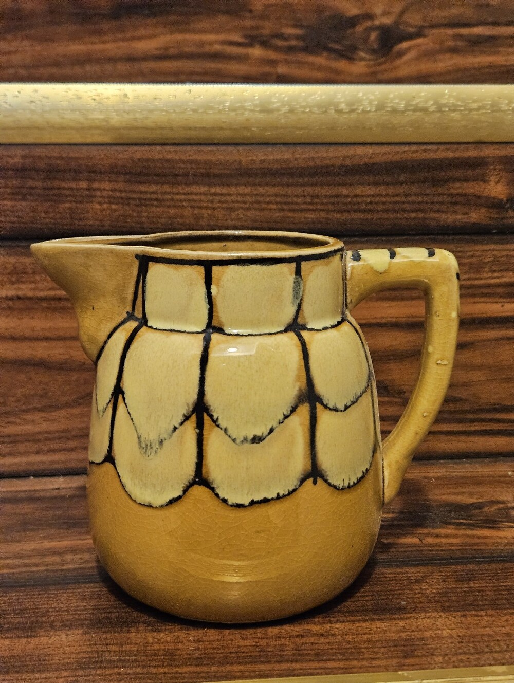 Vtg Art Deco Ceramic Pitcher Mustard Yellow Art Pottery Jug Mid Century Geometri